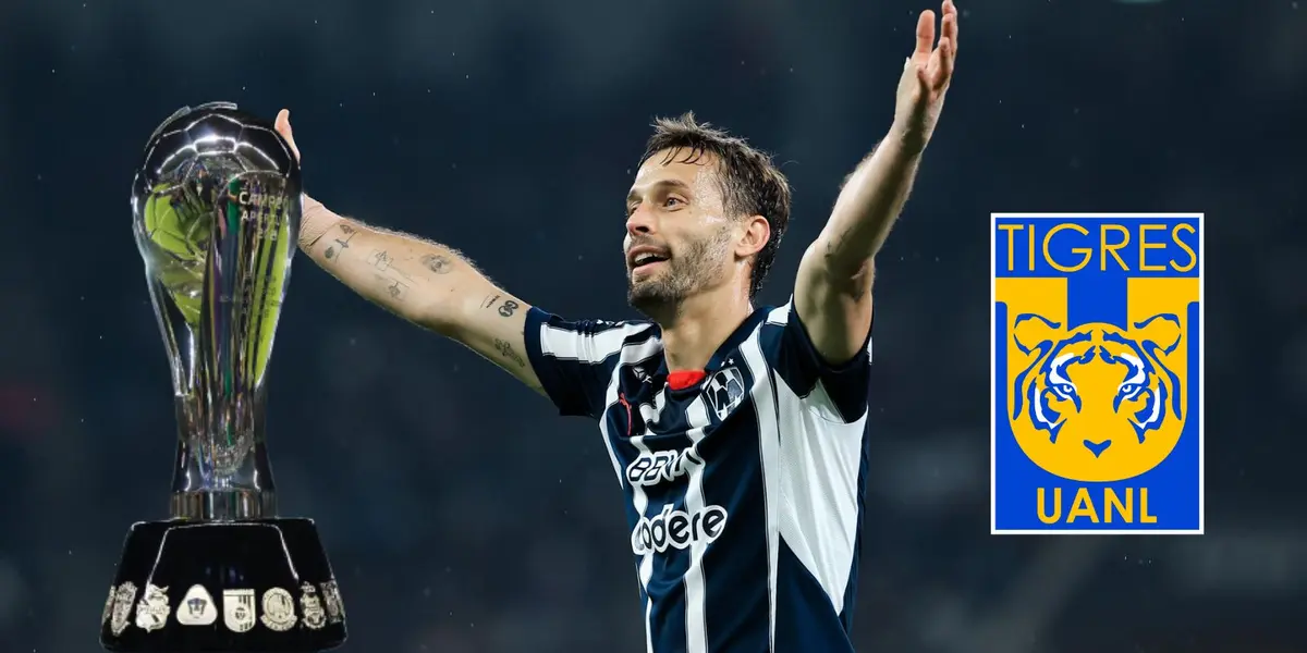 Canales con la copa y escudo de Tigres/FOTO: x Canales
