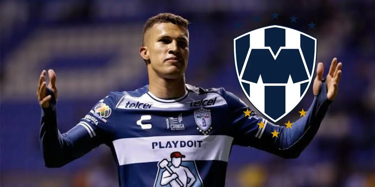 Deossa con Pachuca y logo de Rayados/FOTO: Fútbol Total