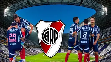 Jugadores de Rayados con escudo de River y estadio BBVA/FOTO: Wikipedia