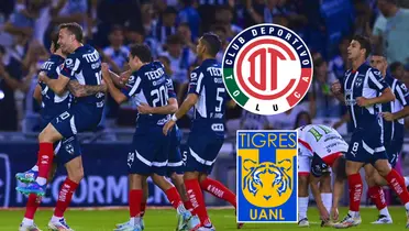 Jugadores de Rayados con escudos de Tigres y Toluca/FOTO: X Rayados