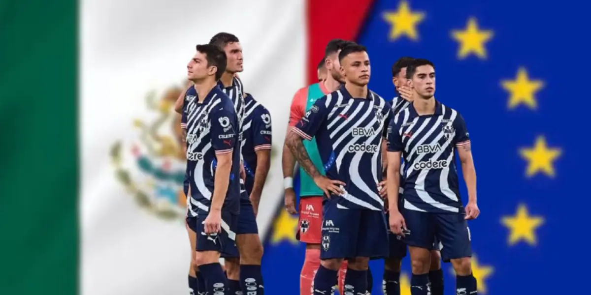 Jugadores de Rayados con la bandera de México y euorpea/FOTO: Reforma