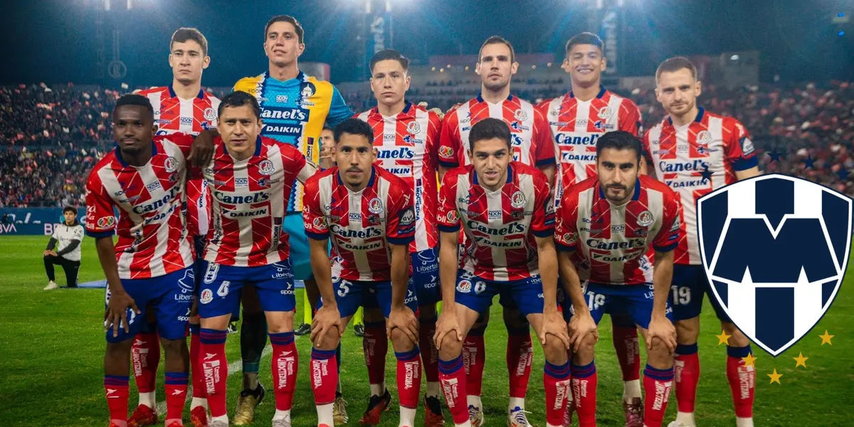 Jugadores de San Luis y escudo de Rayados/FOTO: X San Luis
